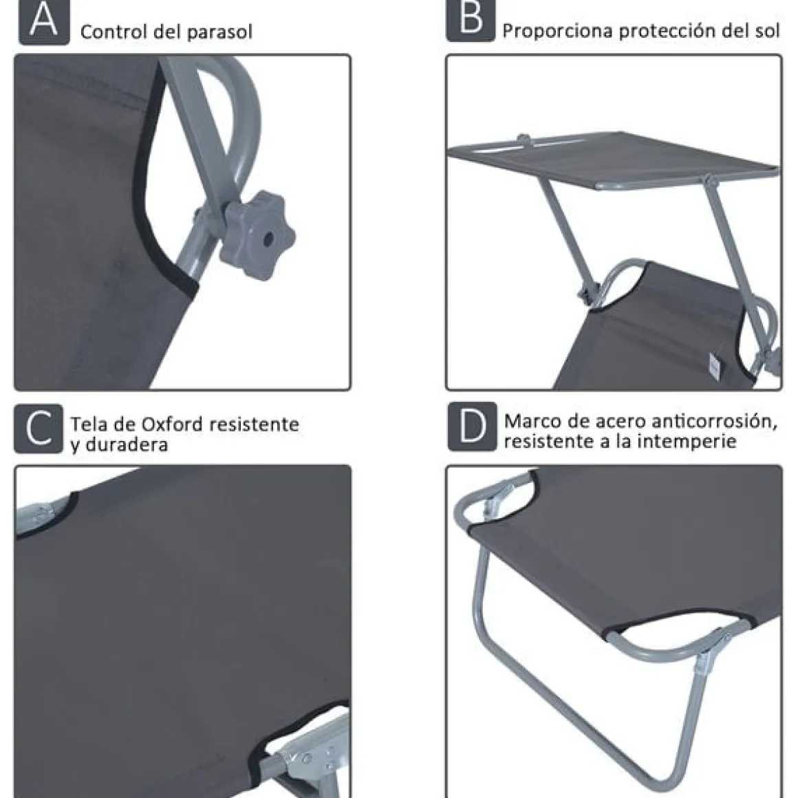 Tumbona plegable Oxford hierro gris 187x58x27 cm