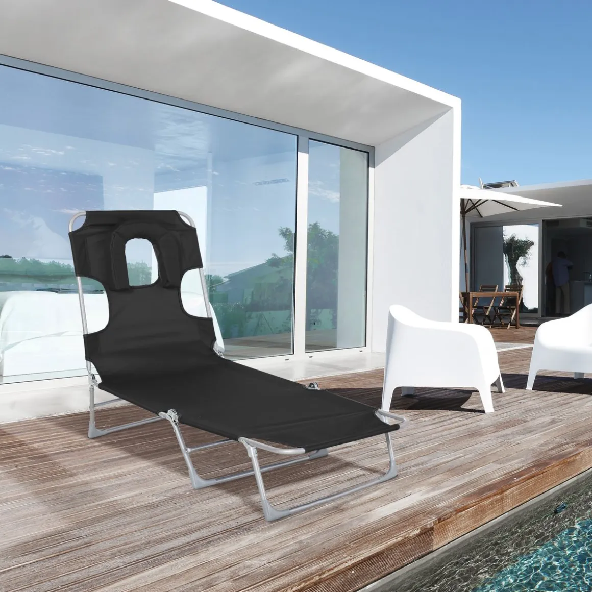 Tumbona Taifa Outsunny reclinable reposacabezas azul 28x182x56 cm