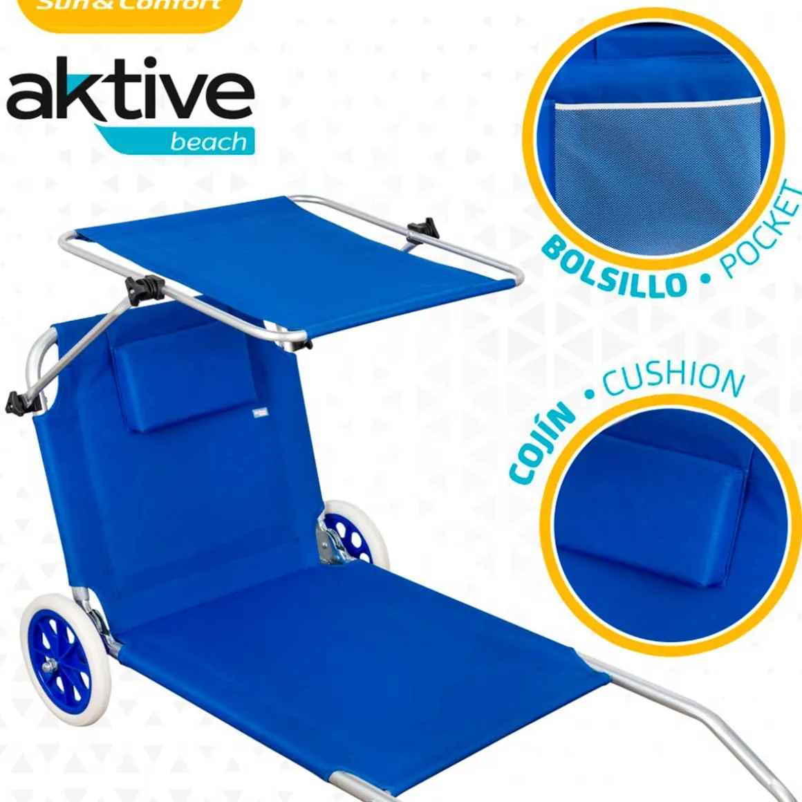 Tumbona/carrito 2 en 1 Aktive Beach plegable con ruedas azul 62x62x117 cm