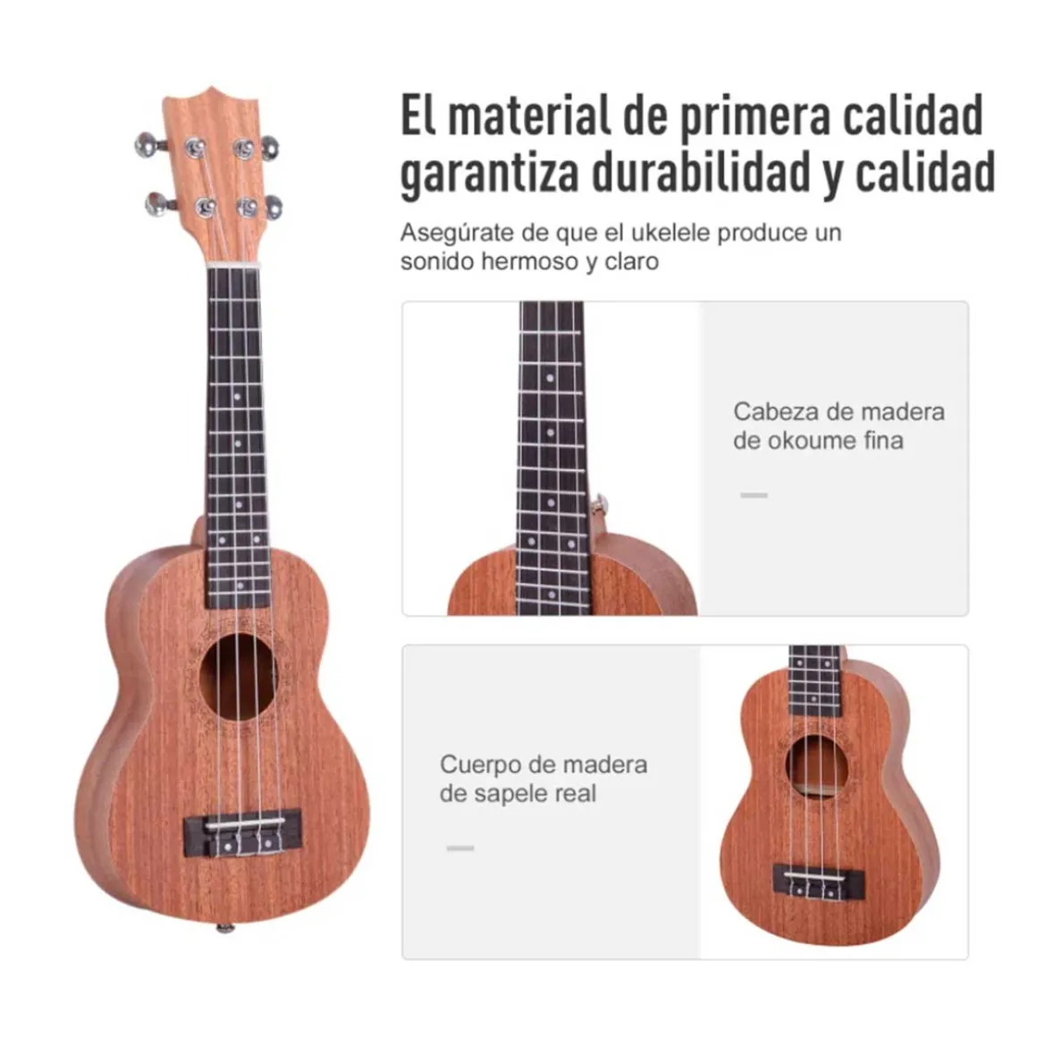 Ukelele soprano Homcom 4 cuerdas ajustables madera 53x17,5x6,2 cm