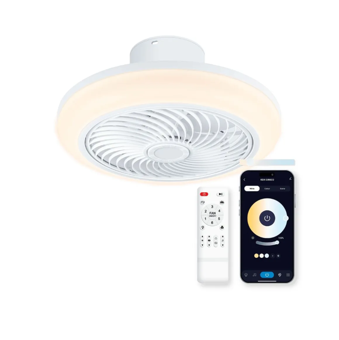 Ventilador de techo Siroco 43W aspas reversibles con altavoz 3000lm blanco Ø46 cm