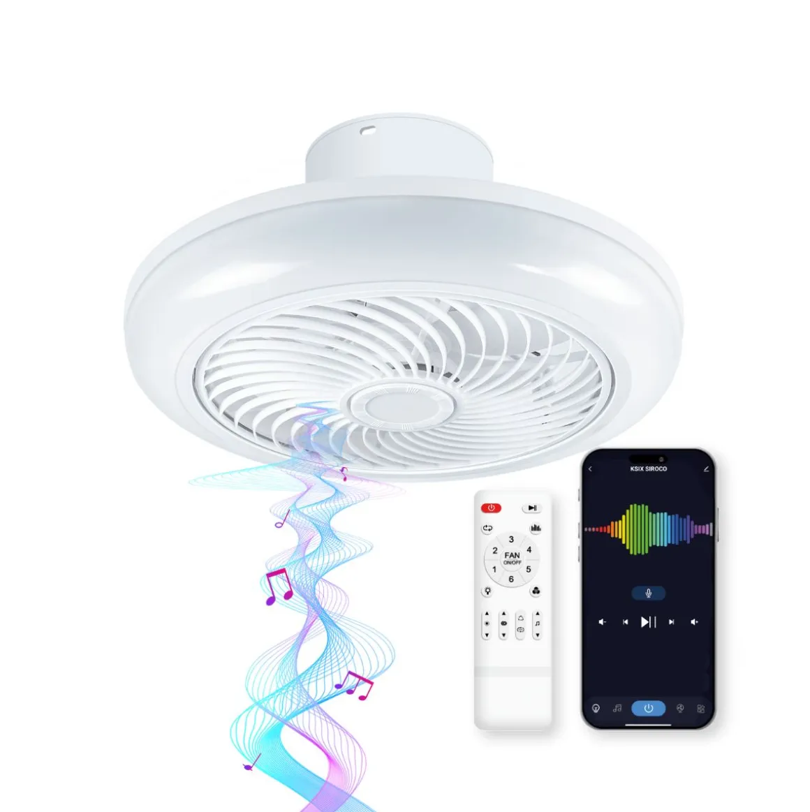 Ventilador de techo Siroco 43W aspas reversibles con altavoz 3000lm blanco Ø46 cm
