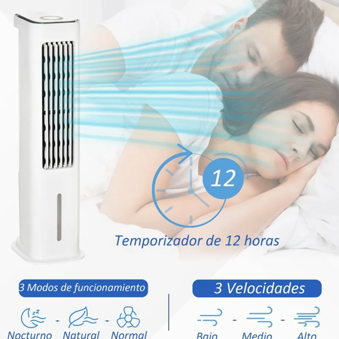 Ventilador de torre Homcom 75W refrigeración por hielo blanco 86x23x29 cm
