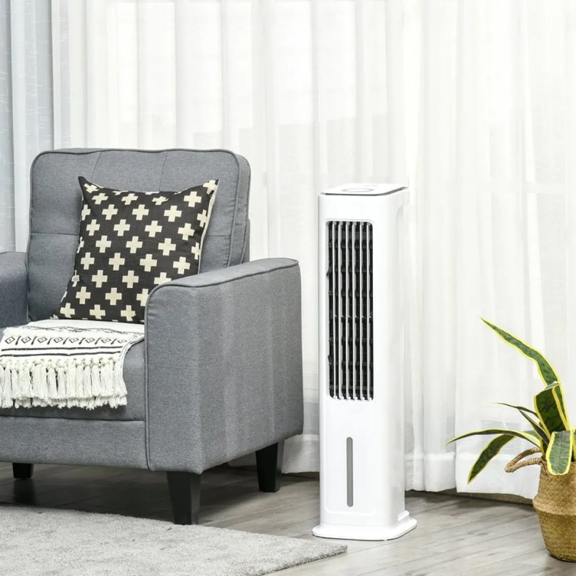 Ventilador de torre Homcom 75W refrigeración por hielo blanco 86x23x29 cm