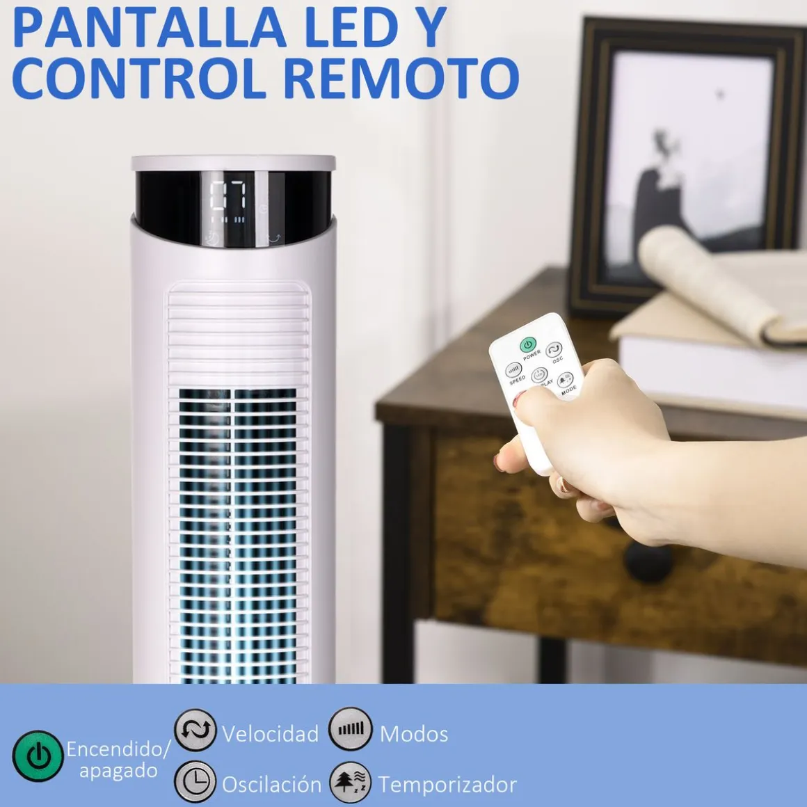 Ventilador de torre Homcom 45W oscilante con mando a distancia blanco Ø31,5x93 cm