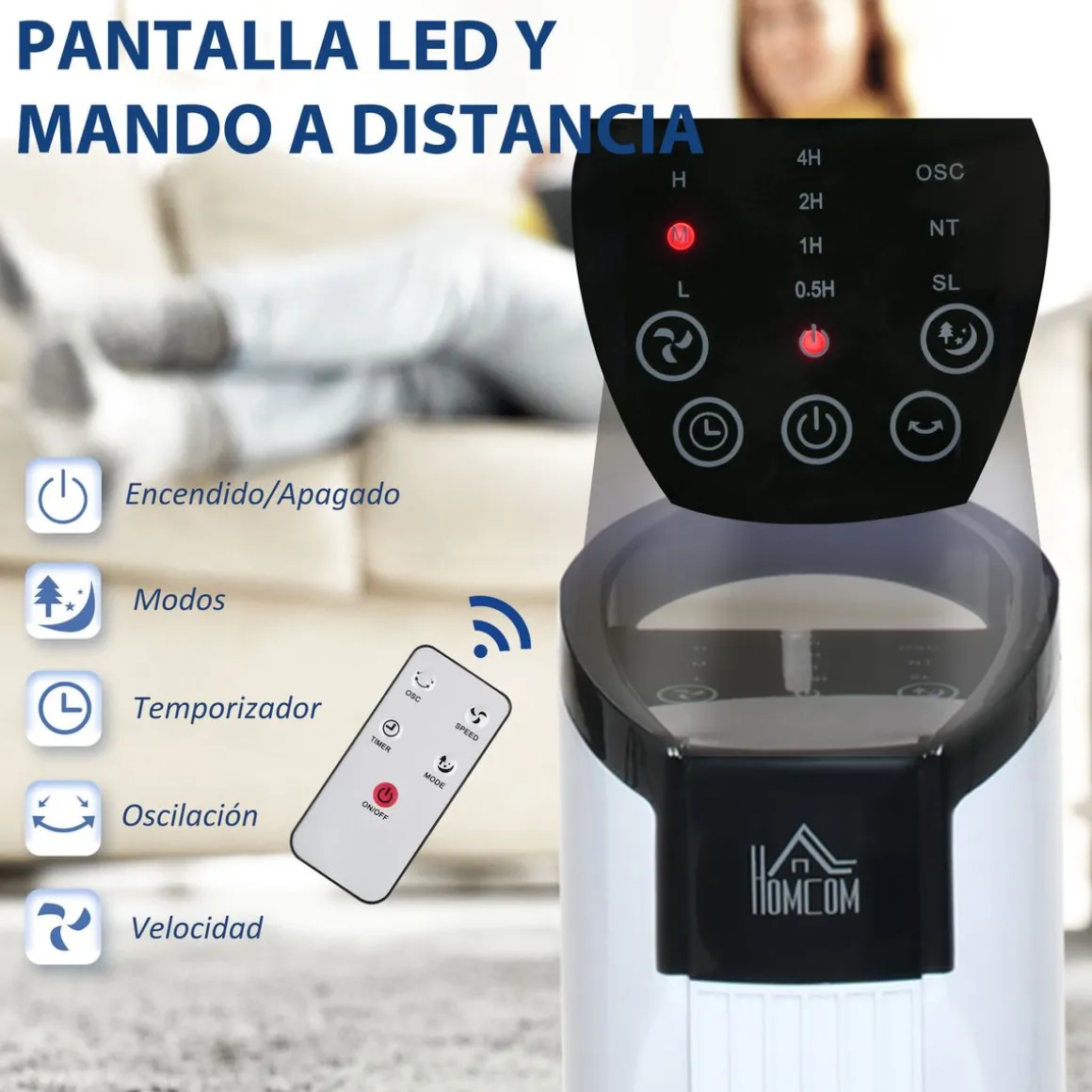 Ventilador de torre Rex Homcom 50W oscilante + 3 velocidades + control remoto blanco 78,5 cm