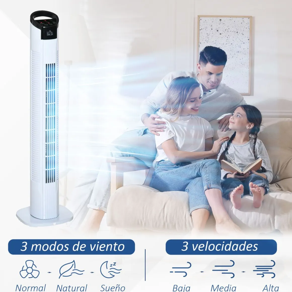 Ventilador de torre Rex Homcom 50W oscilante + 3 velocidades + control remoto blanco 78,5 cm