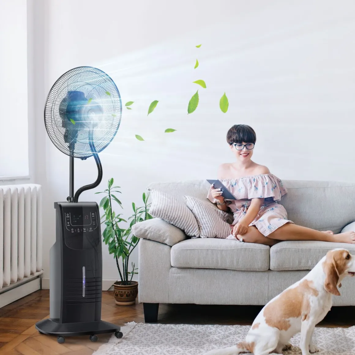 Ventilador nebulizador Kald Homcom 90W oscilante + botón ionizador negro Ø44,5x135 cm