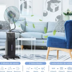 Ventilador nebulizador Kald Homcom 90W oscilante + botón ionizador negro Ø44,5x135 cm