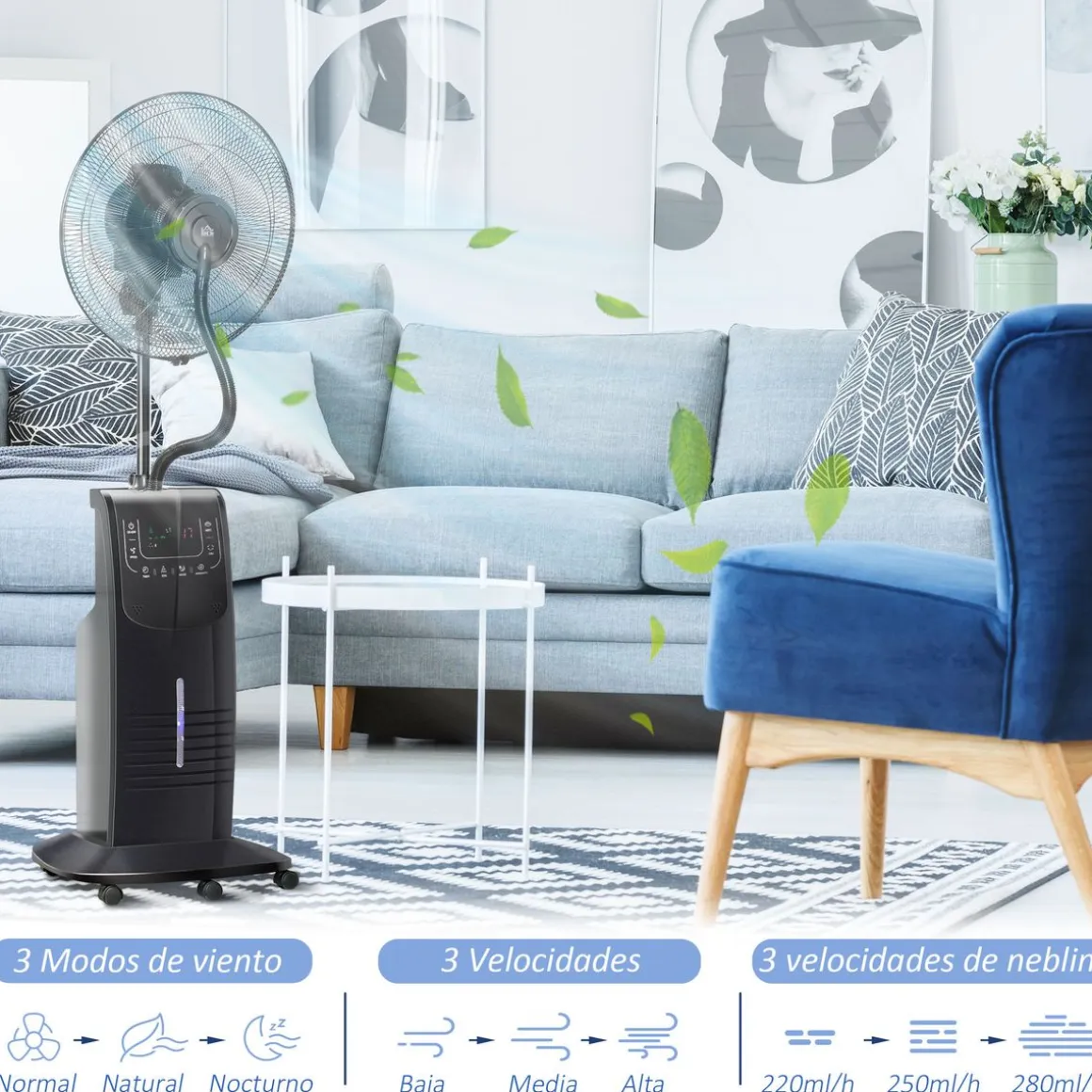 Ventilador nebulizador Kald Homcom 90W oscilante + botón ionizador negro Ø44,5x135 cm