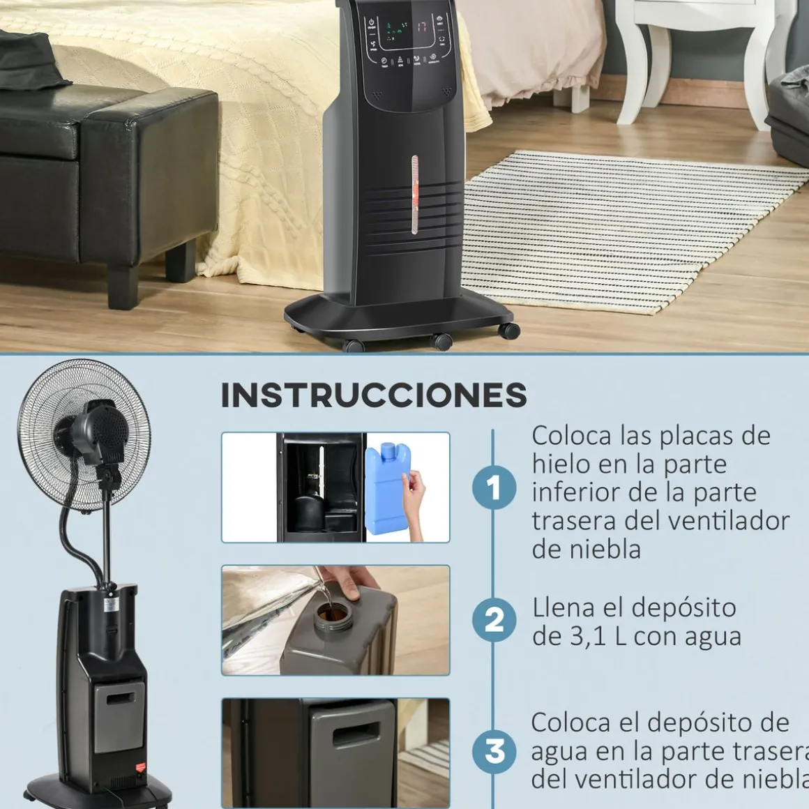Ventilador nebulizador Kald Homcom 90W oscilante + botón ionizador negro Ø44,5x135 cm