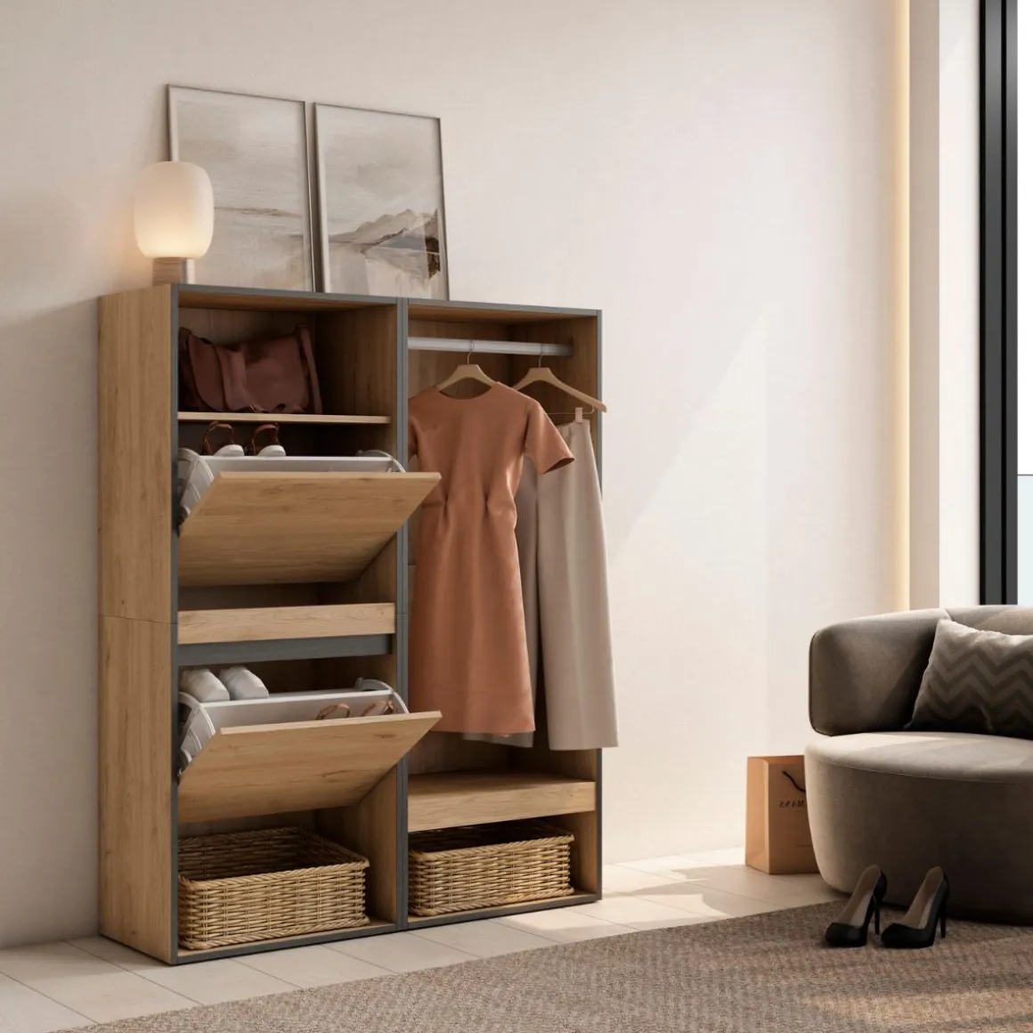 Vestidor Kroma zapatero con 2 estantes y barra 145x120x35 cm