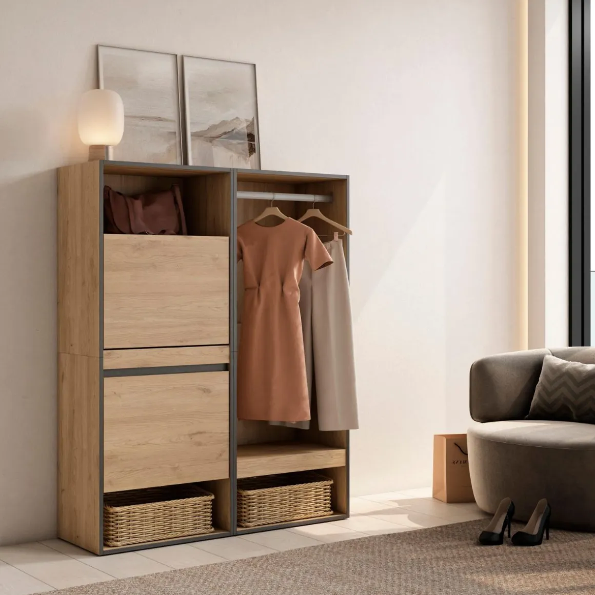 Vestidor Kroma zapatero con 2 estantes y barra 145x120x35 cm