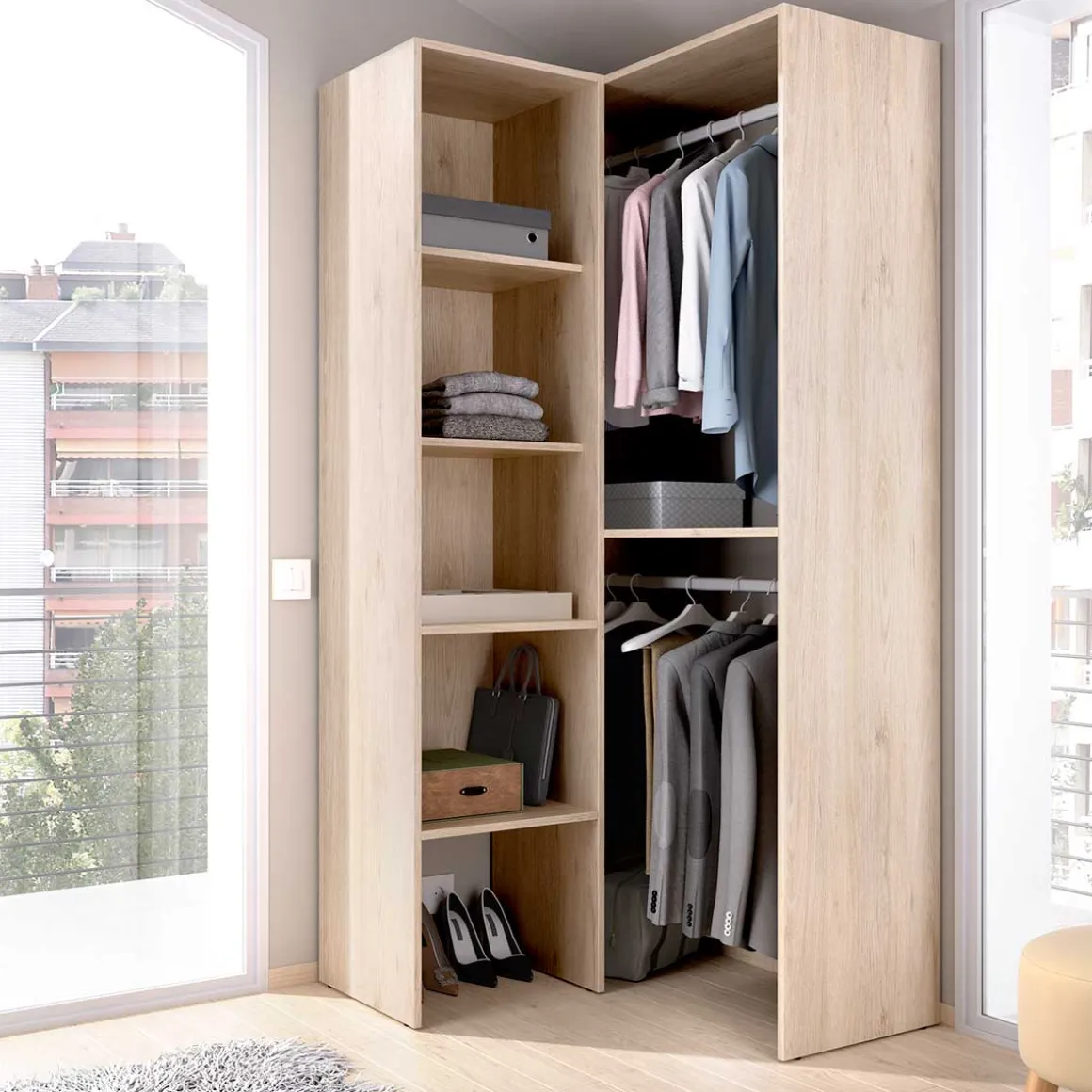 Vestidor rinconero Suit 4 estantes+2 barras para colgar