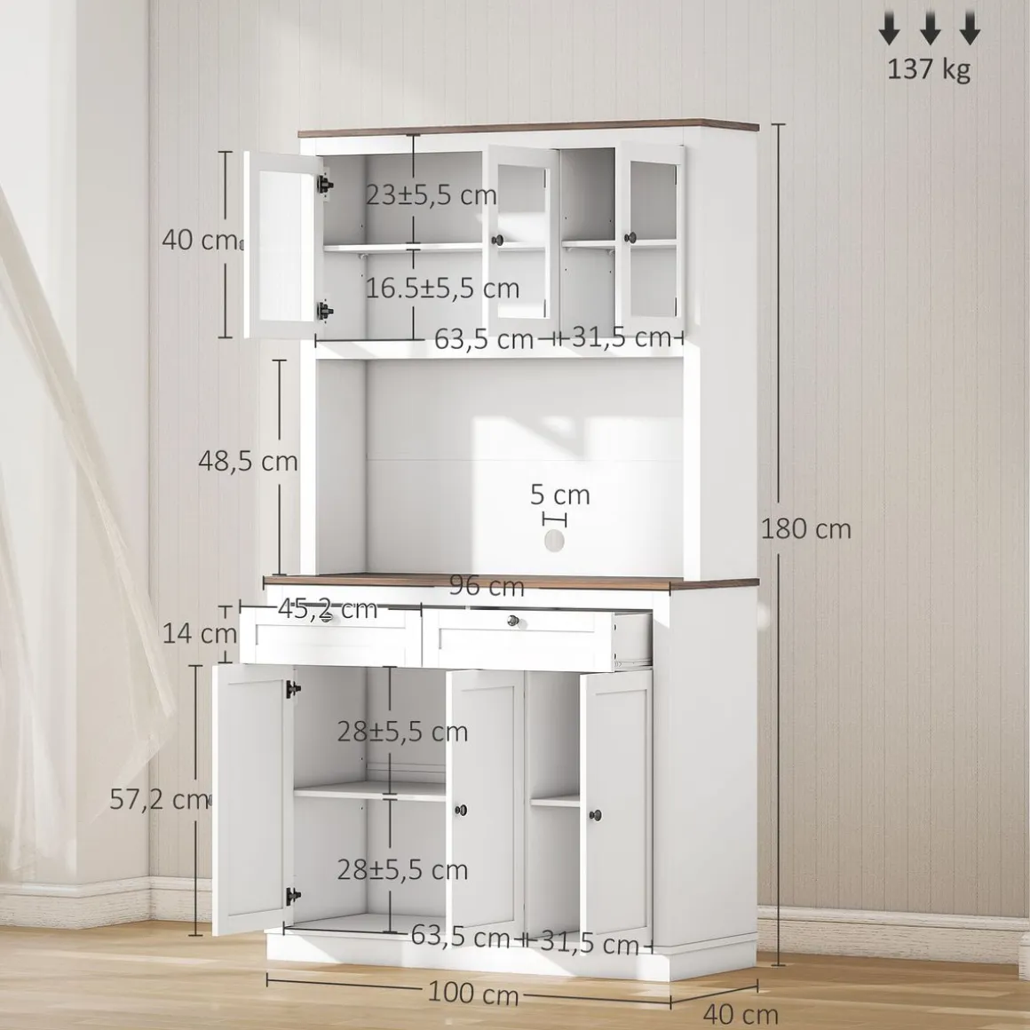 Vitrina Daisy Homcom 2 armarios superiores + 2 cajones + 2 armarios inferiores blanco 180x100x40 cm