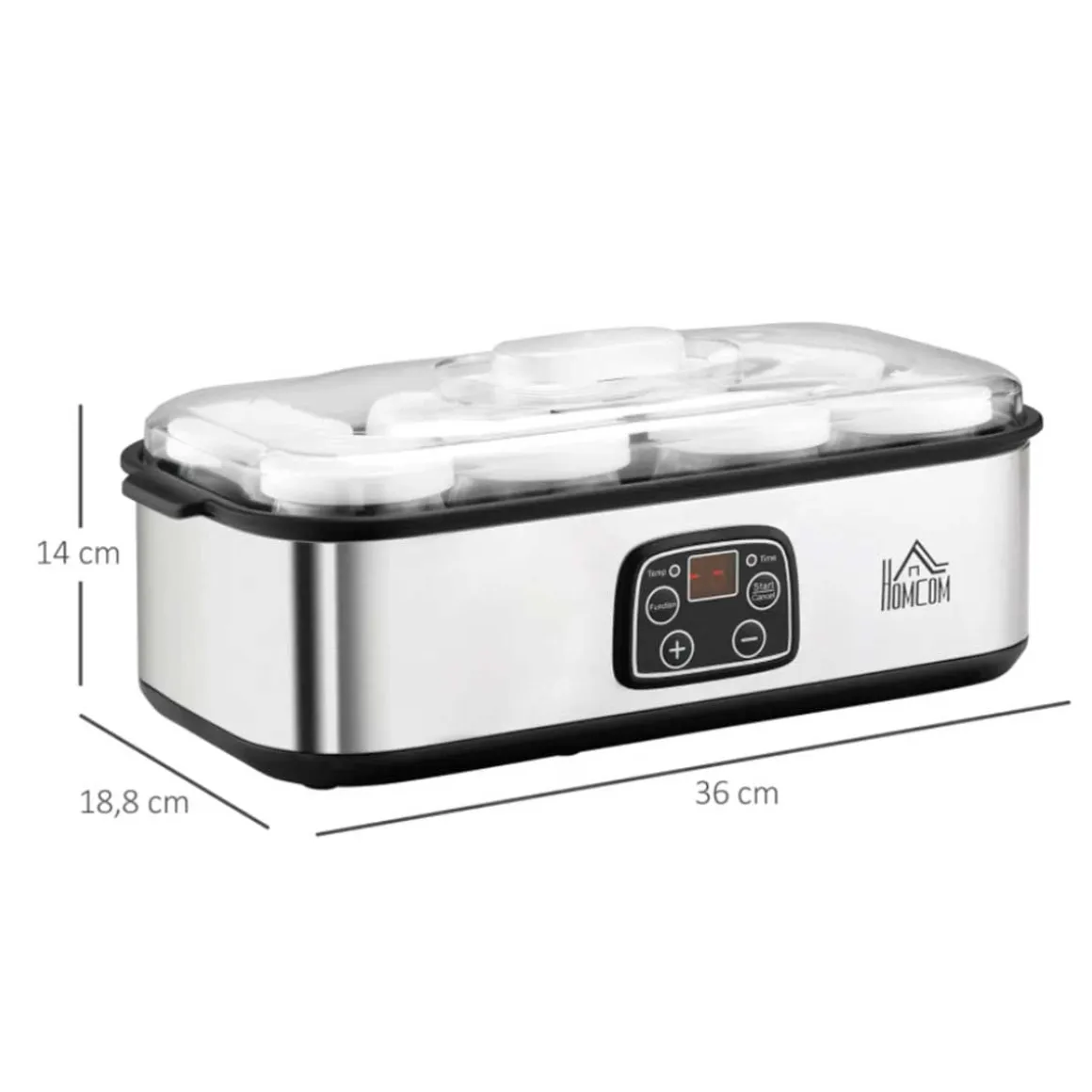 Yogurtera Homcom 1,44L 30W 8 tarros 180ml temporizador + termostato inox