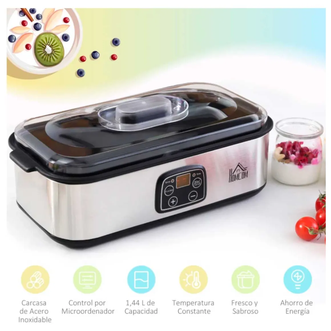 Yogurtera Homcom 1,44L 30W 8 tarros 180ml temporizador + termostato inox
