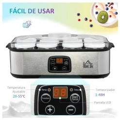 Yogurtera Homcom 1,44L 30W 8 tarros 180ml temporizador + termostato inox