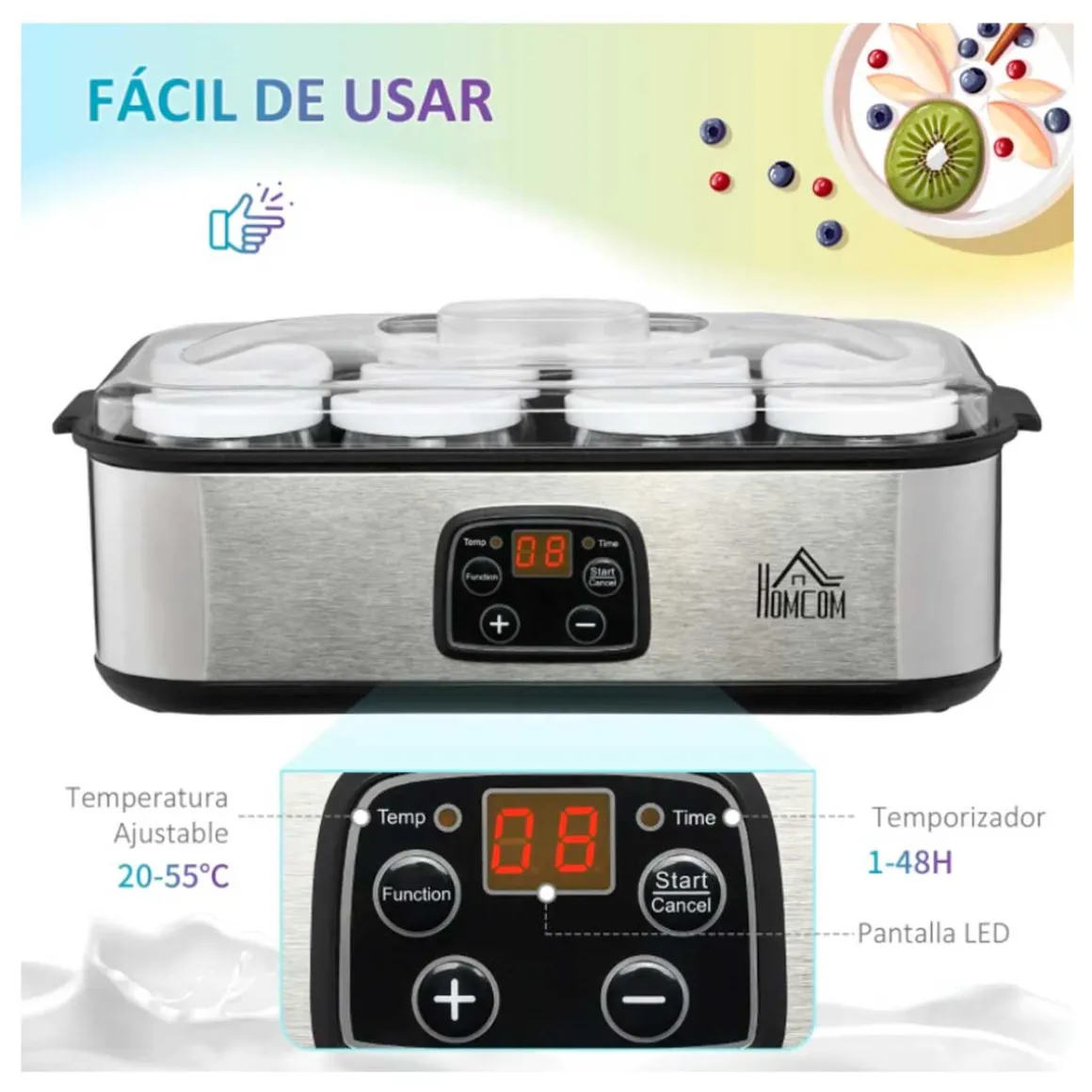 Yogurtera Homcom 1,44L 30W 8 tarros 180ml temporizador + termostato inox