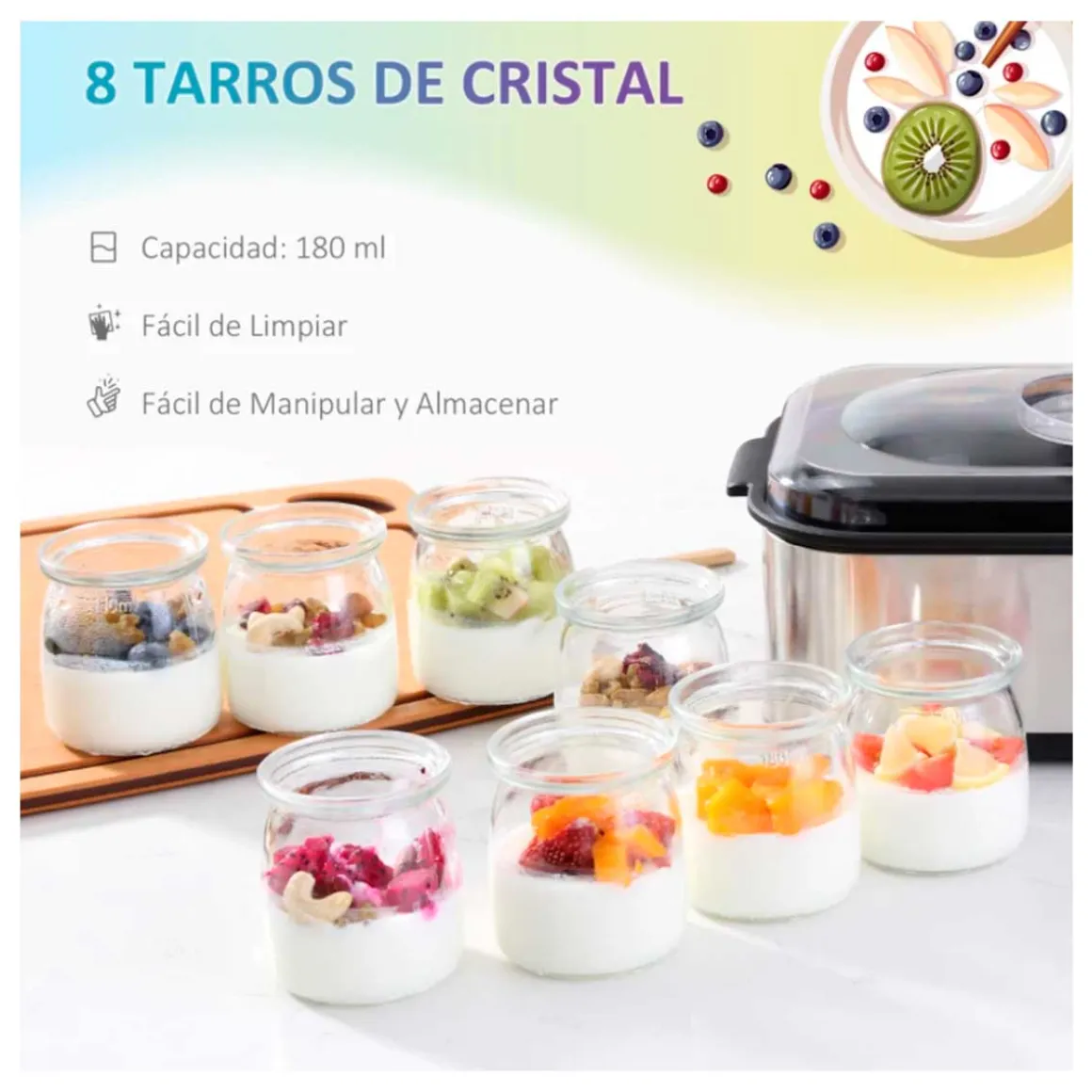 Yogurtera Homcom 1,44L 30W 8 tarros 180ml temporizador + termostato inox