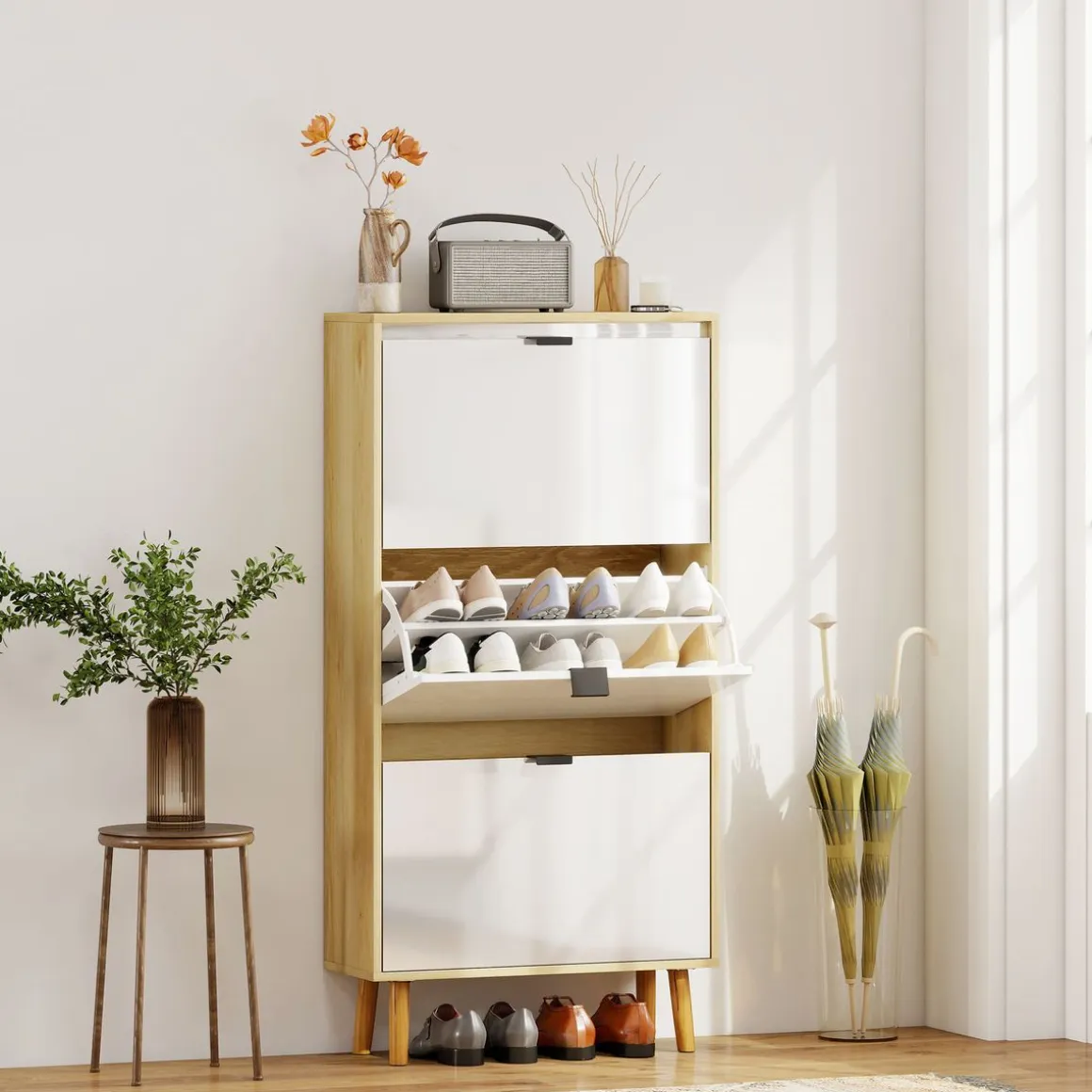 Zapatero Axis Homcom puertas abatibles blanco/natural 91x60x24 cm