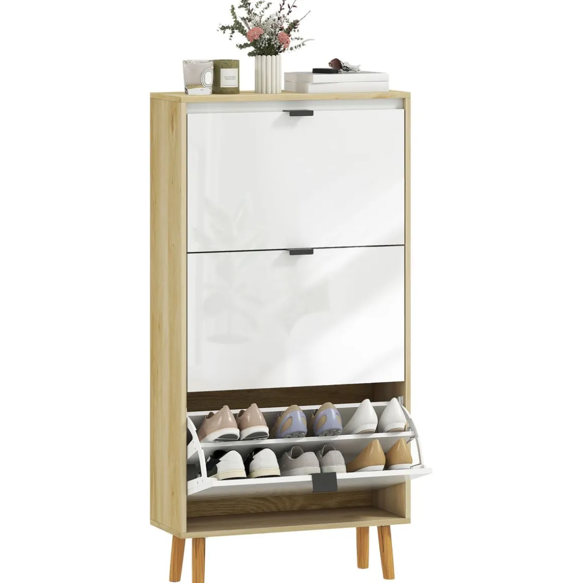 Zapatero Axis Homcom puertas abatibles blanco/natural 91x60x24 cm