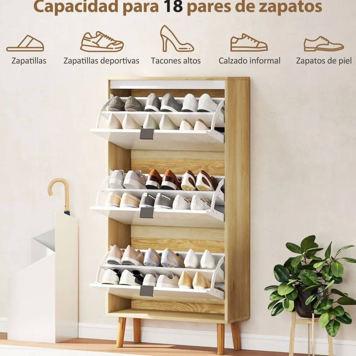 Zapatero Axis Homcom puertas abatibles blanco/natural 91x60x24 cm