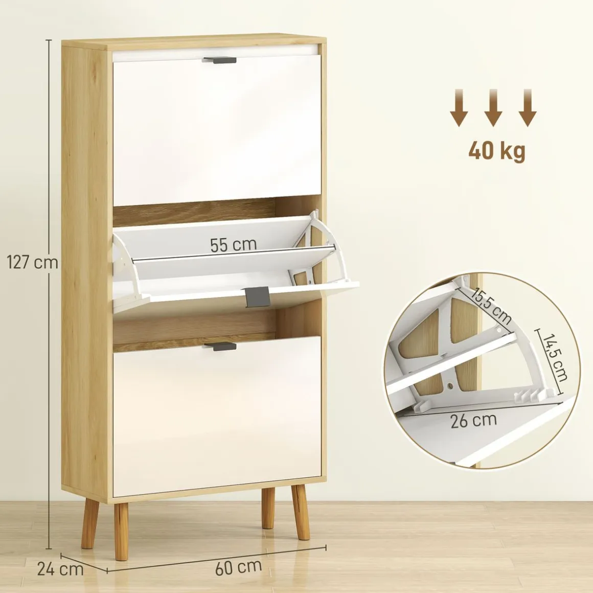 Zapatero Axis Homcom puertas abatibles blanco/natural 91x60x24 cm