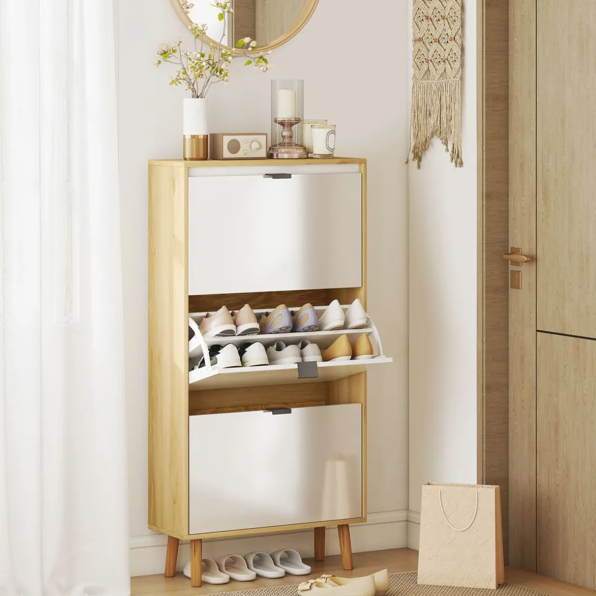 Zapatero Axis Homcom puertas abatibles blanco/natural 91x60x24 cm