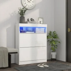 Zapatero Bereh Homcom luces LED + 2 cajones abatibles blanco brillo 99,5x80x34 cm