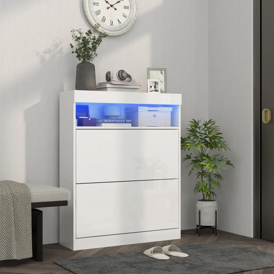 Zapatero Bereh Homcom luces LED + 2 cajones abatibles blanco brillo 99,5x80x34 cm