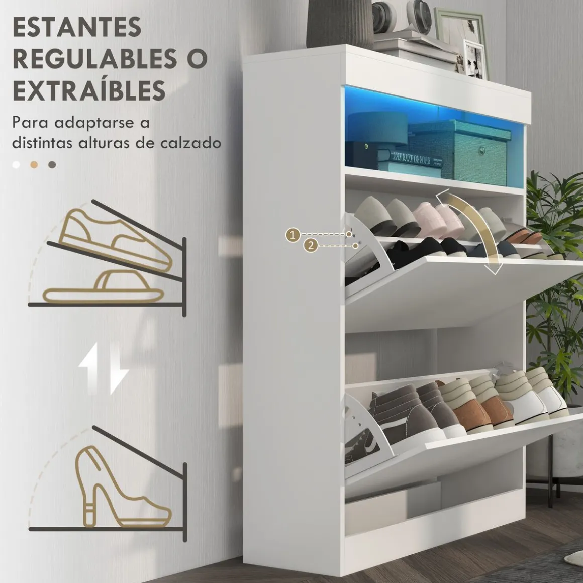 Zapatero Bereh Homcom luces LED + 2 cajones abatibles blanco brillo 99,5x80x34 cm