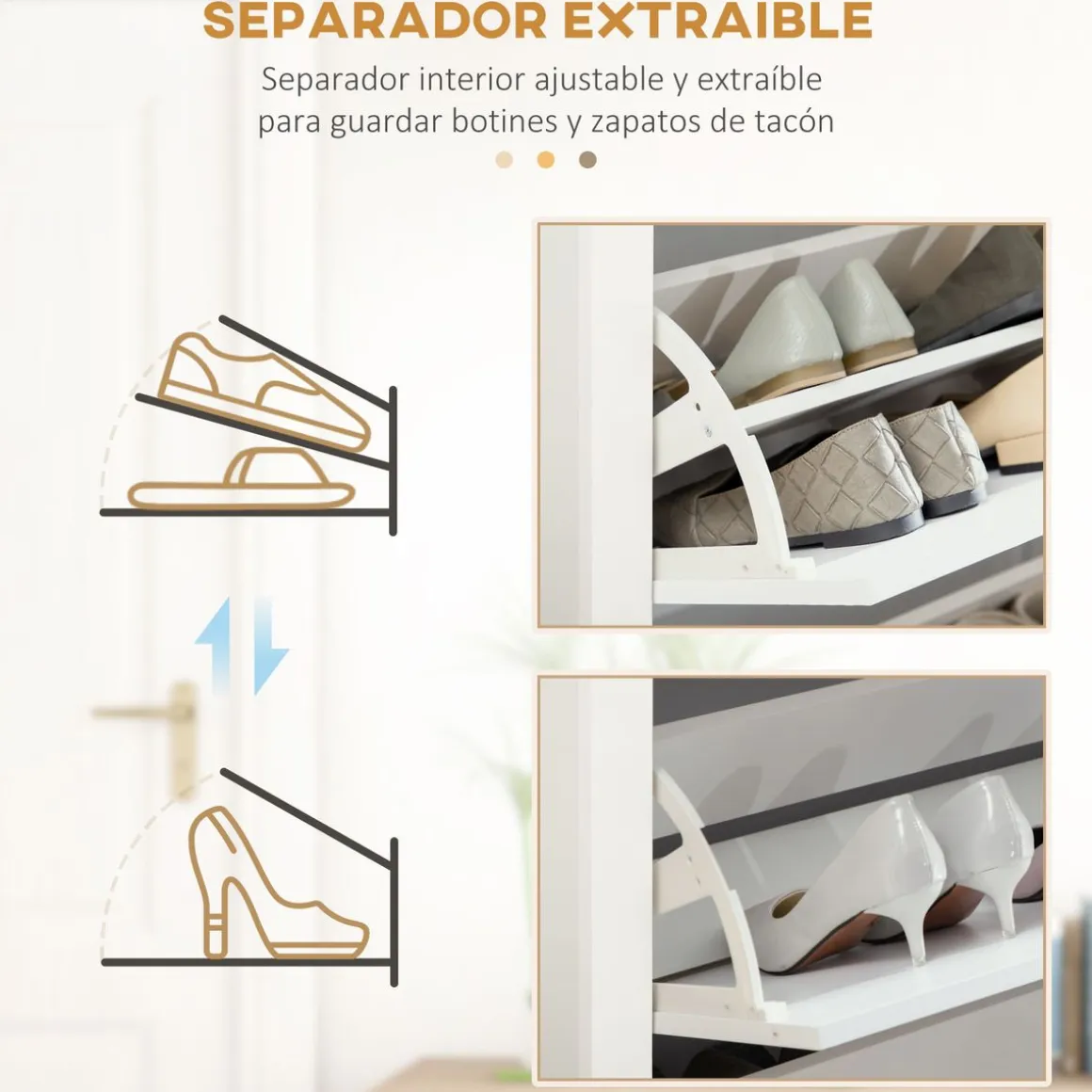 Zapatero Carmelo Homcom 3 cajones abatibles blanco/natural 112x72x26 cm