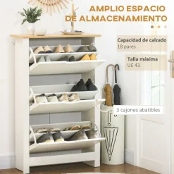 Zapatero Carmelo Homcom 3 cajones abatibles blanco/natural 112x72x26 cm