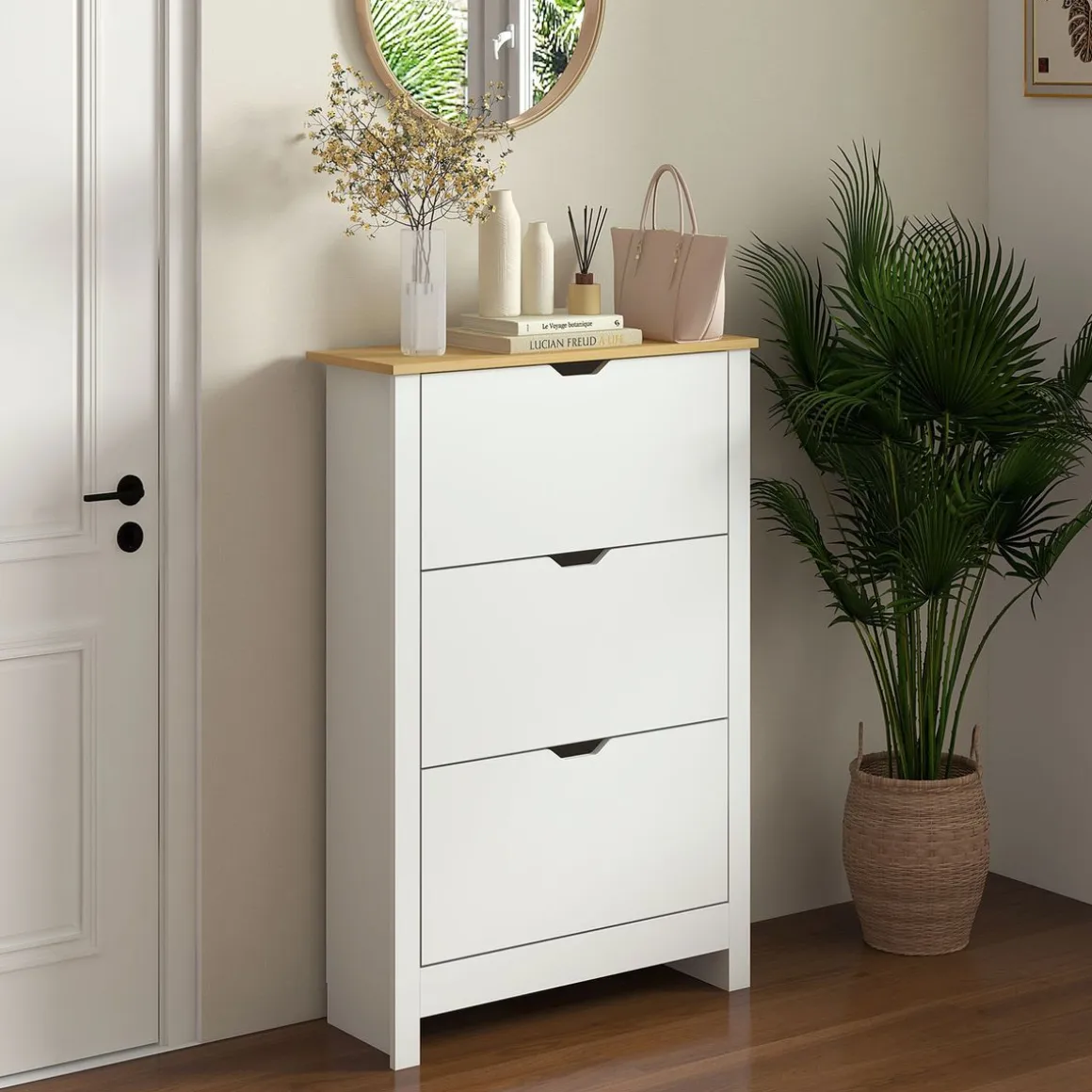 Zapatero Carmelo Homcom 3 cajones abatibles blanco/natural 112x72x26 cm