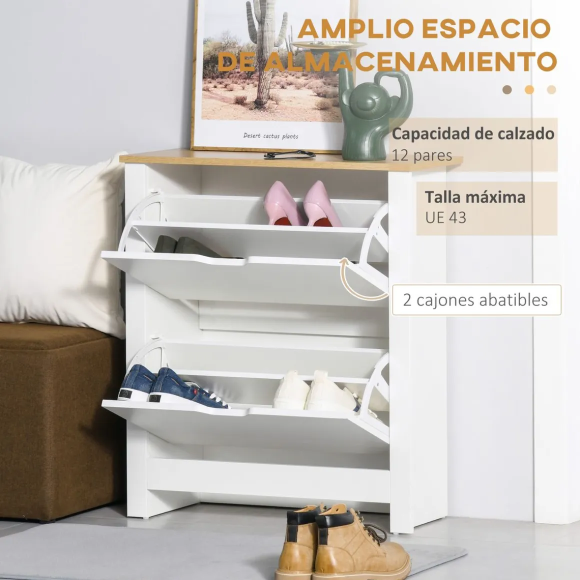 Zapatero Carmen Homcom 2 cajones abatibles blanco/natural 80x72x26 cm