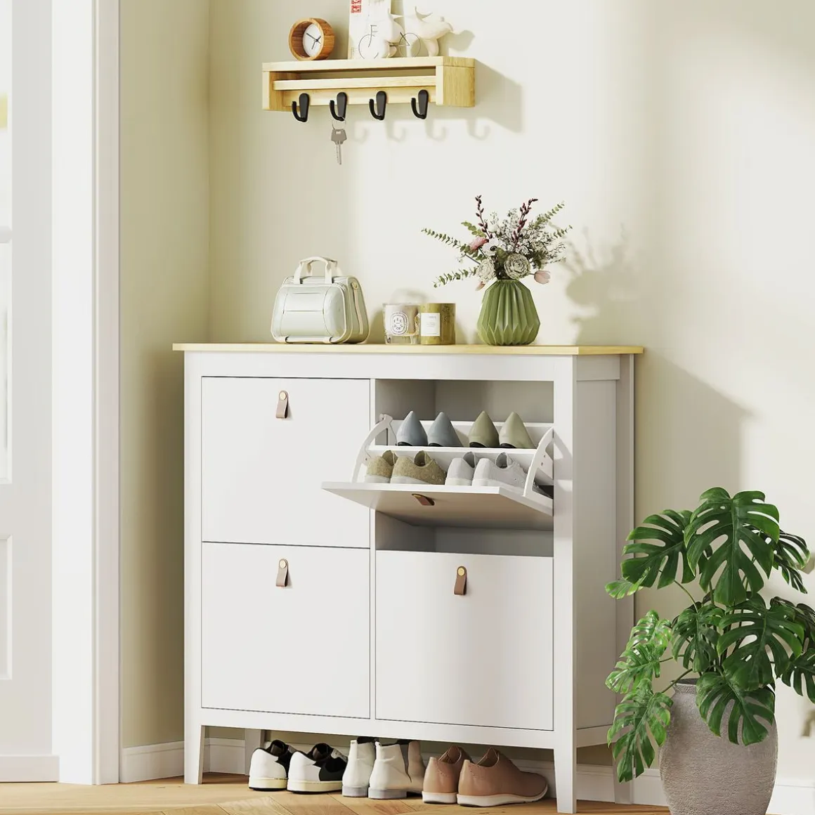 Zapatero Colibrí Homcom puertas abatibles blanco/natural