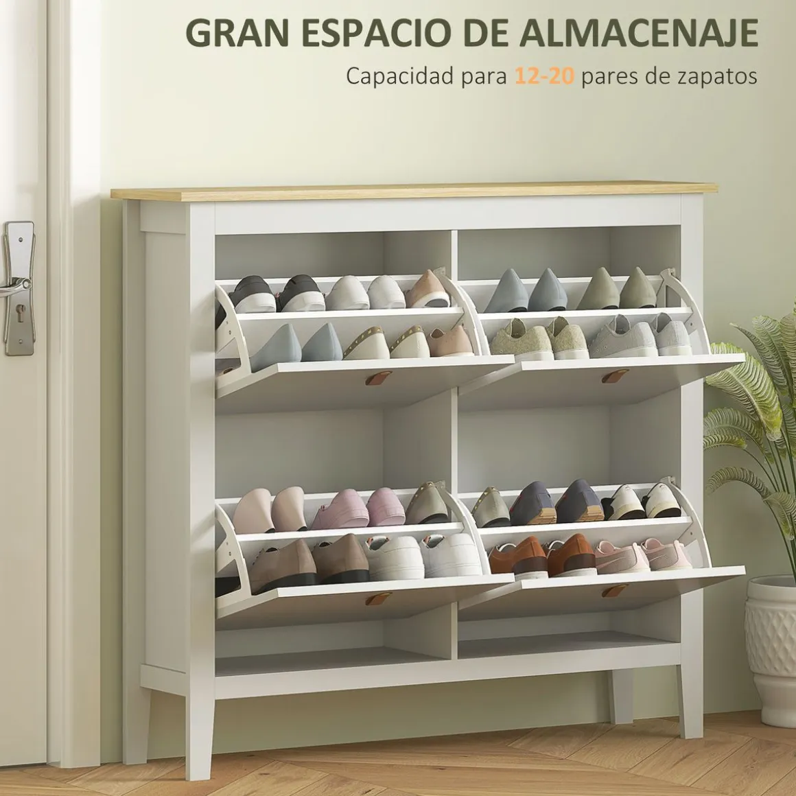 Zapatero Colibrí Homcom puertas abatibles blanco/natural