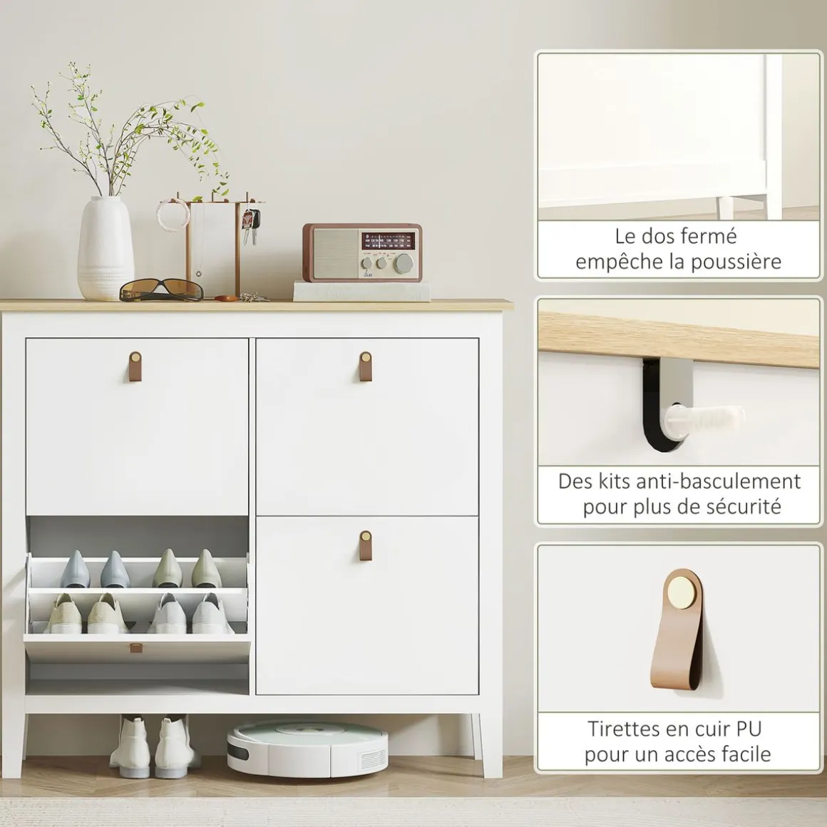 Zapatero Colibrí Homcom puertas abatibles blanco/natural