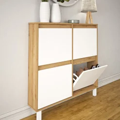 Zapatero Dewe 4 puertas abatibles blanco/natural 110x110x20 cm