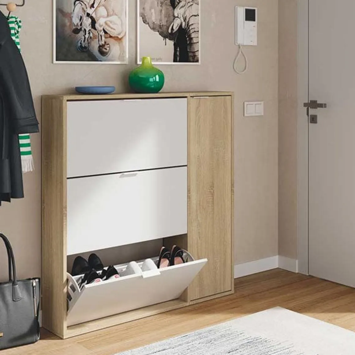 Zapatero Fifo 4 puertas roble canadian/blanco 115x106x22 cm