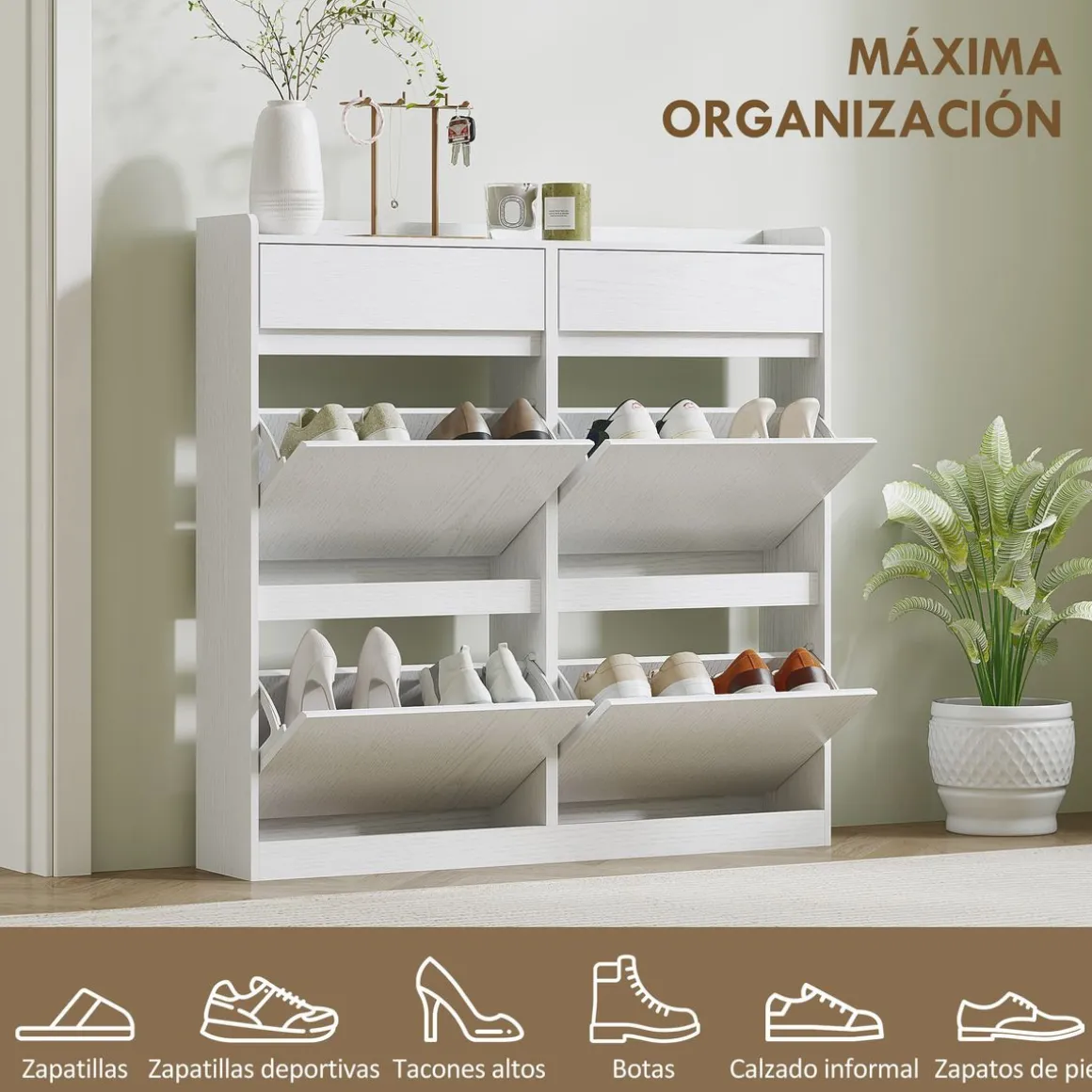 Zapatero Halo Homcom 4 puertas abatibles con 2 cajones blanco 95,3x98x19,2 cm