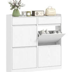 Zapatero Halo Homcom 4 puertas abatibles con 2 cajones blanco 95,3x98x19,2 cm