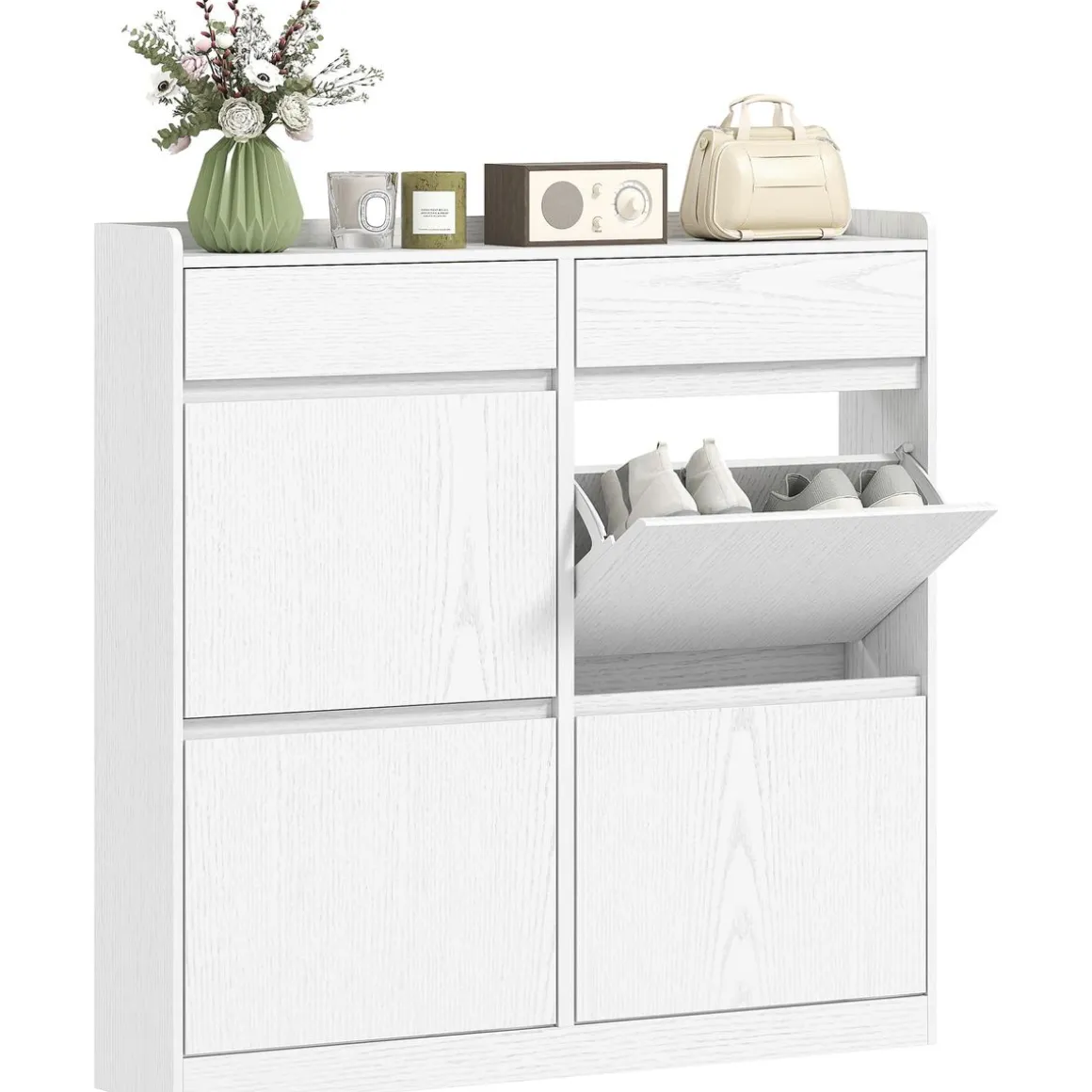 Zapatero Halo Homcom 4 puertas abatibles con 2 cajones blanco 95,3x98x19,2 cm