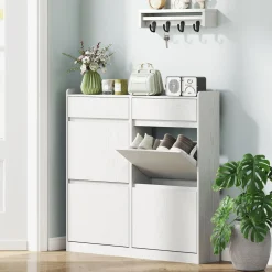 Zapatero Halo Homcom 4 puertas abatibles con 2 cajones blanco 95,3x98x19,2 cm