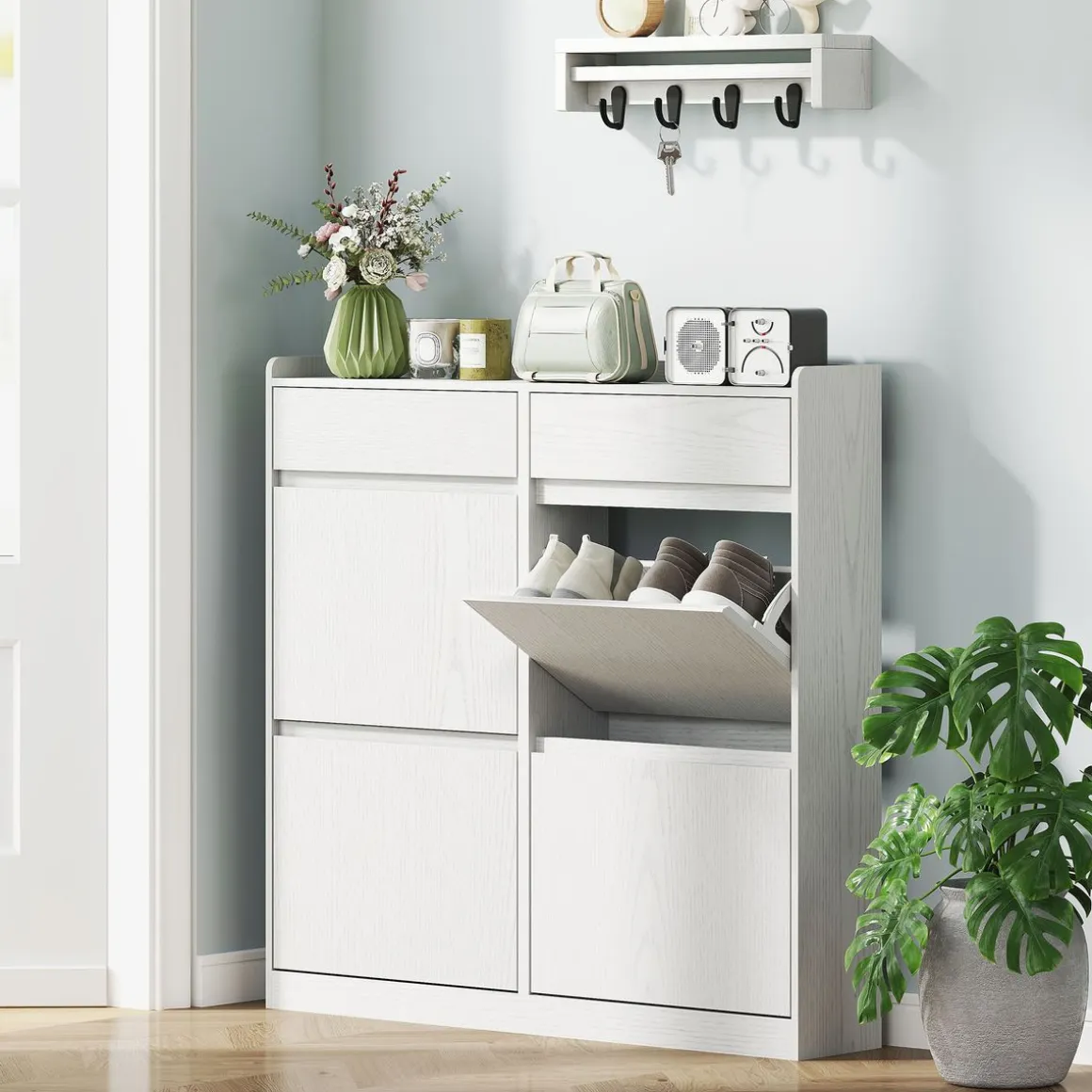 Zapatero Halo Homcom 4 puertas abatibles con 2 cajones blanco 95,3x98x19,2 cm
