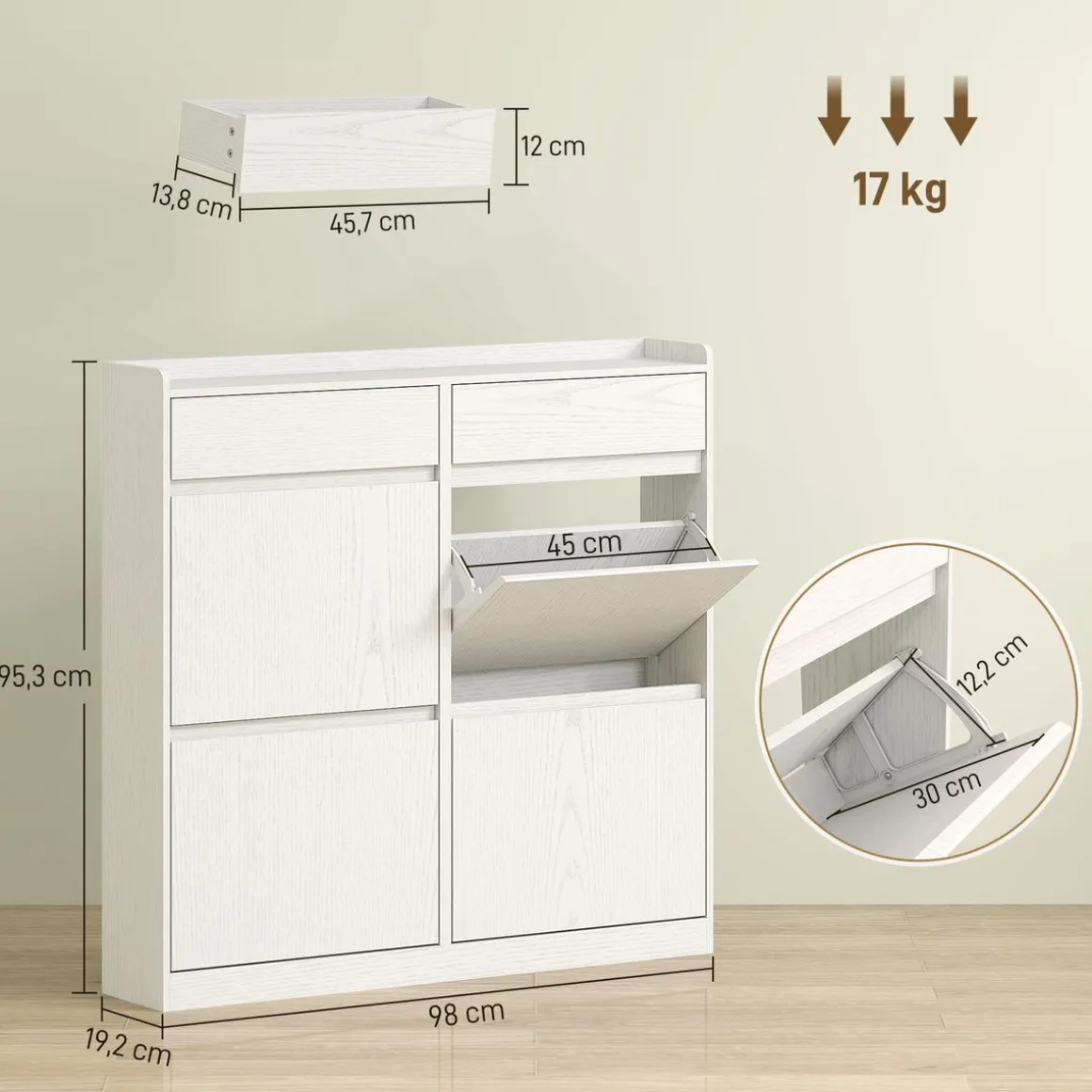 Zapatero Halo Homcom 4 puertas abatibles con 2 cajones blanco 95,3x98x19,2 cm