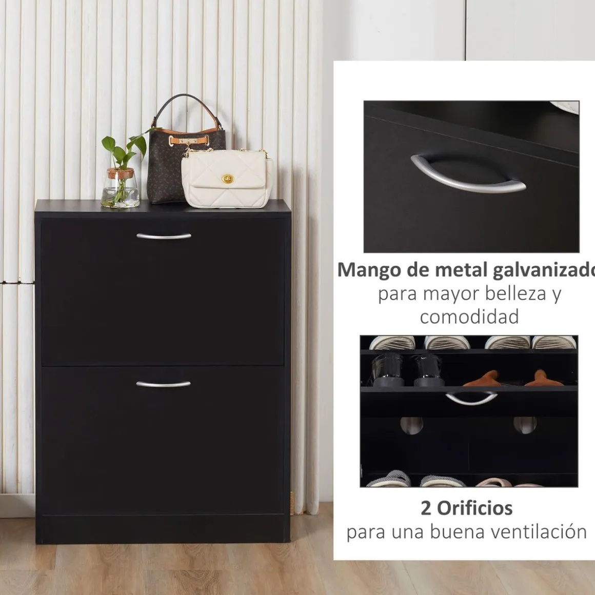 Zapatero Heracles Homcom 2 puertas 8 pares de zapatos negro 80x60x24 cm