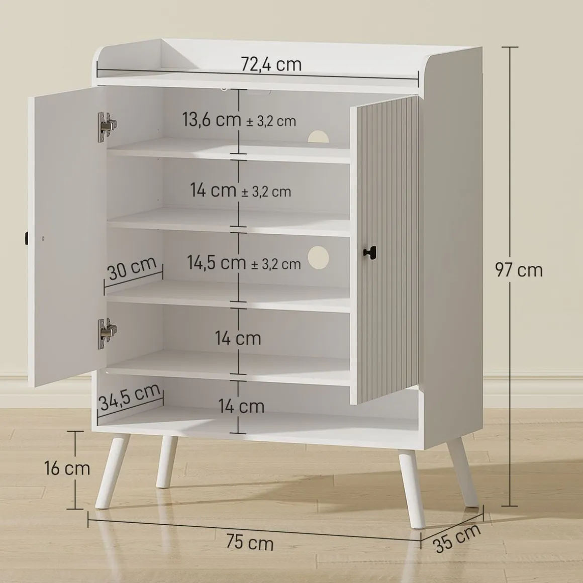 Zapatero Klein Homcom 2 puertas con baldas ajustables blanco 97x35x75 cm