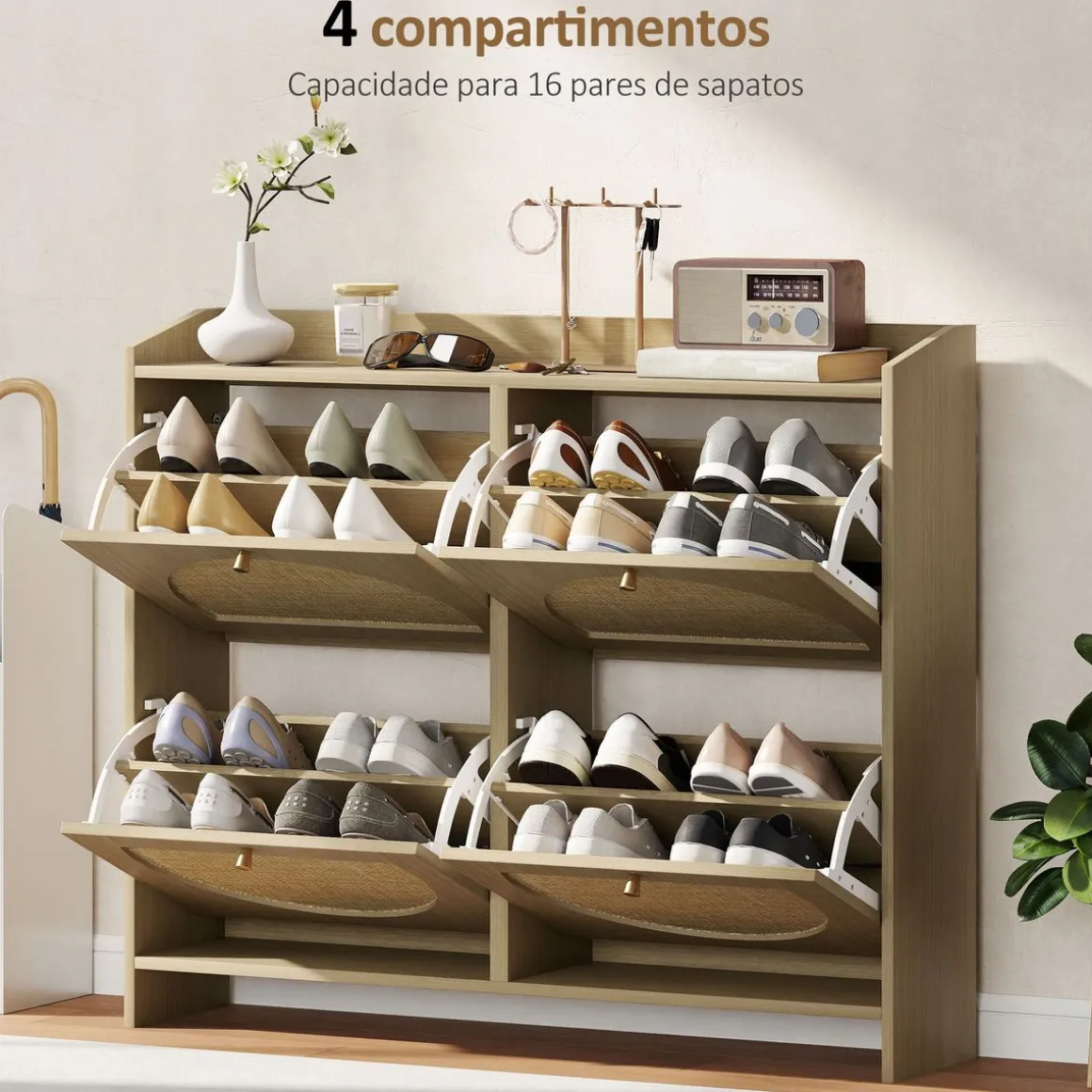 Zapatero Magnolia Homcom 4 puertas 16 pares natural 88x104,5x88 cm
